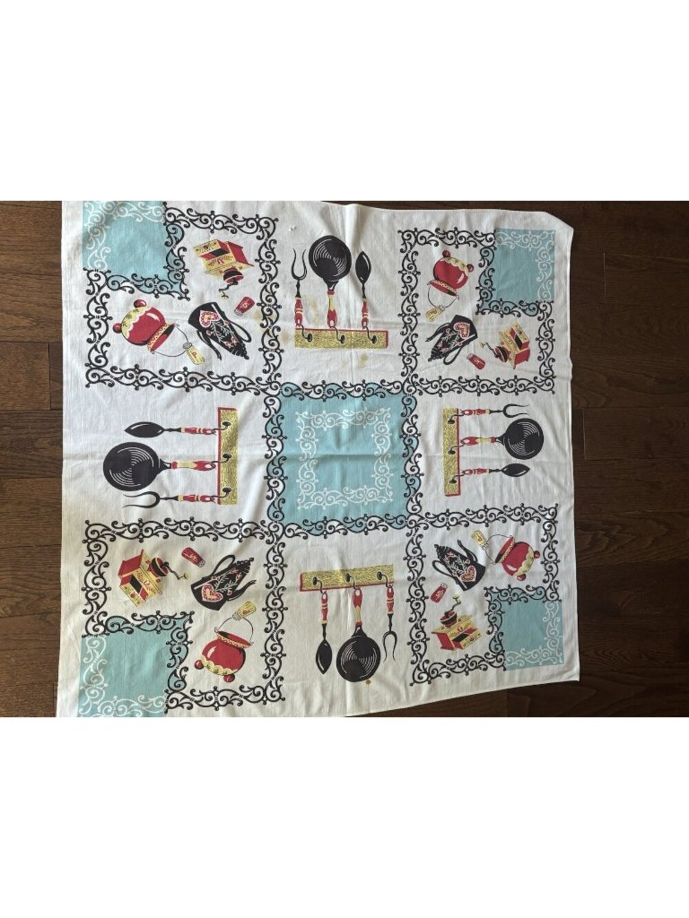 Vintage 1950's Kitchen Print Teal Center Cotton Tablecloth MCM Decor 43x45